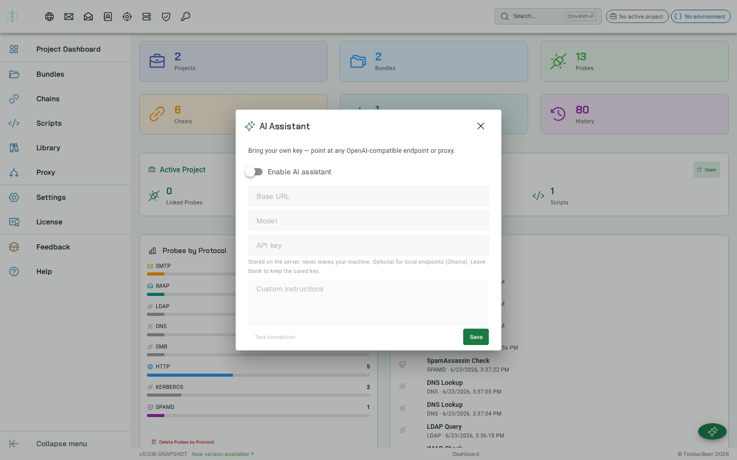AI assistant — bring-your-own-model configuration dialog