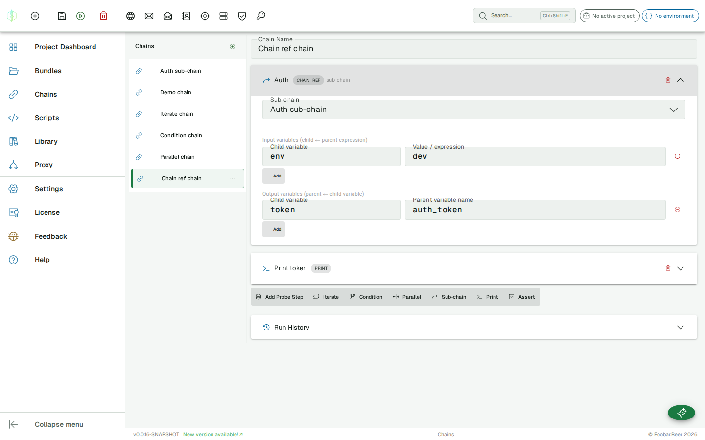 CHAIN_REF step — sub-chain selector with input and output variable mapping