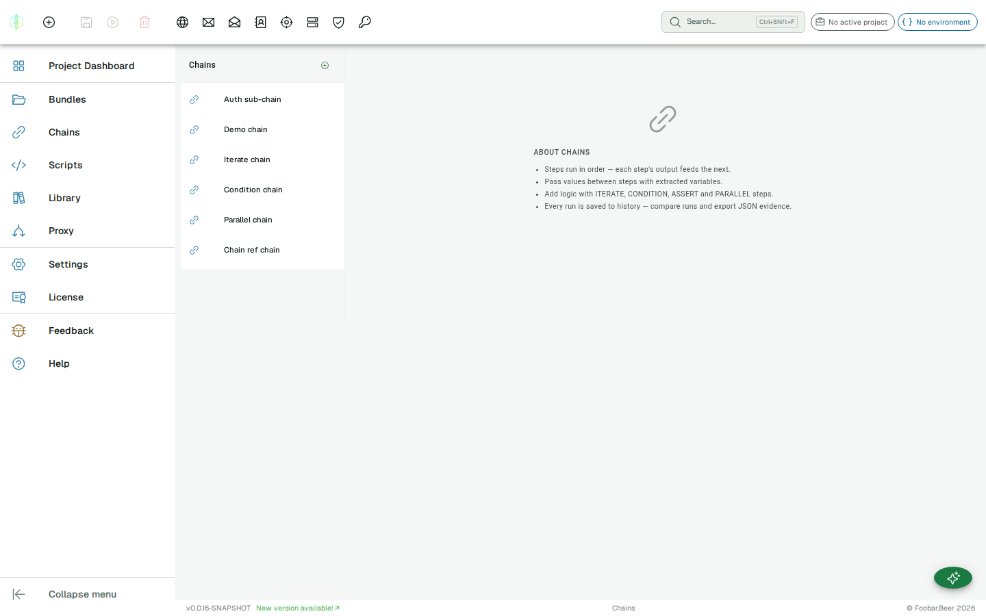 Chains view — sidebar listing chains for the active project, chain editor on the right