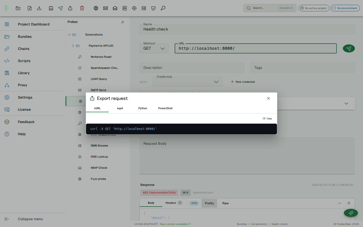 Export Request dialog — cURL / wget / Python / PowerShell snippets with copy