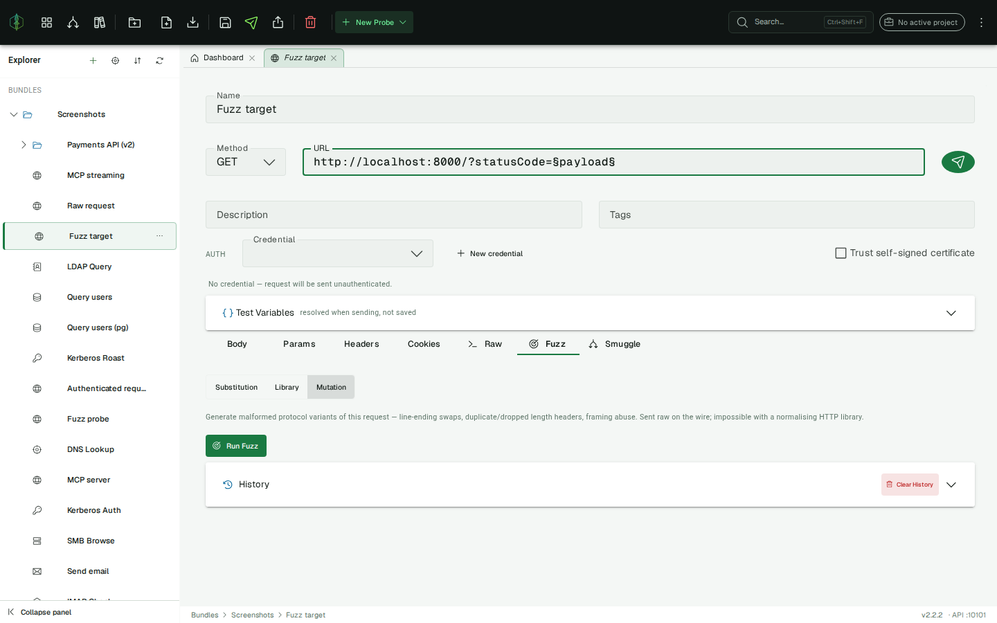 Fuzz tab — mode selector, payloads and results