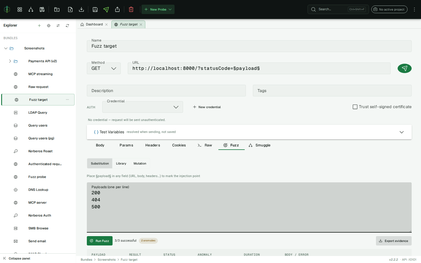 Fuzz run history and evidence export