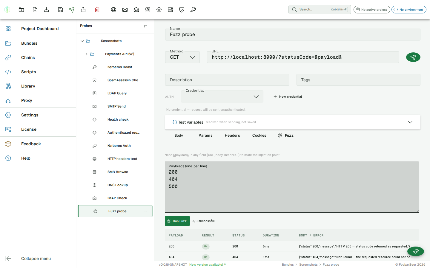 Fuzz tab — payload list and results table