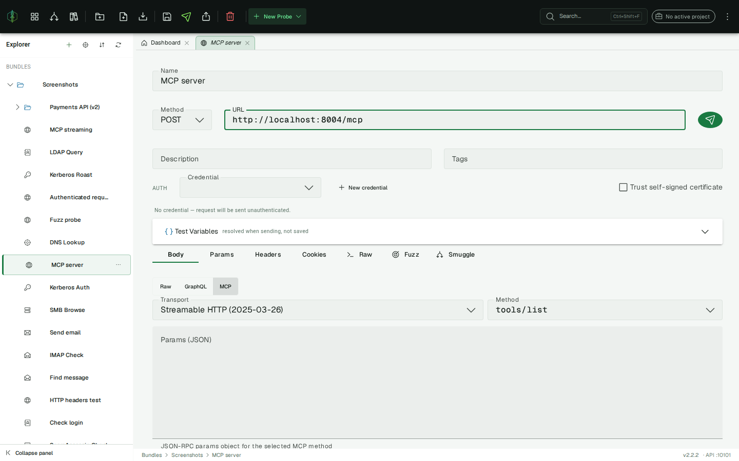 MCP request mode — transport and method pickers with the JSON params editor
