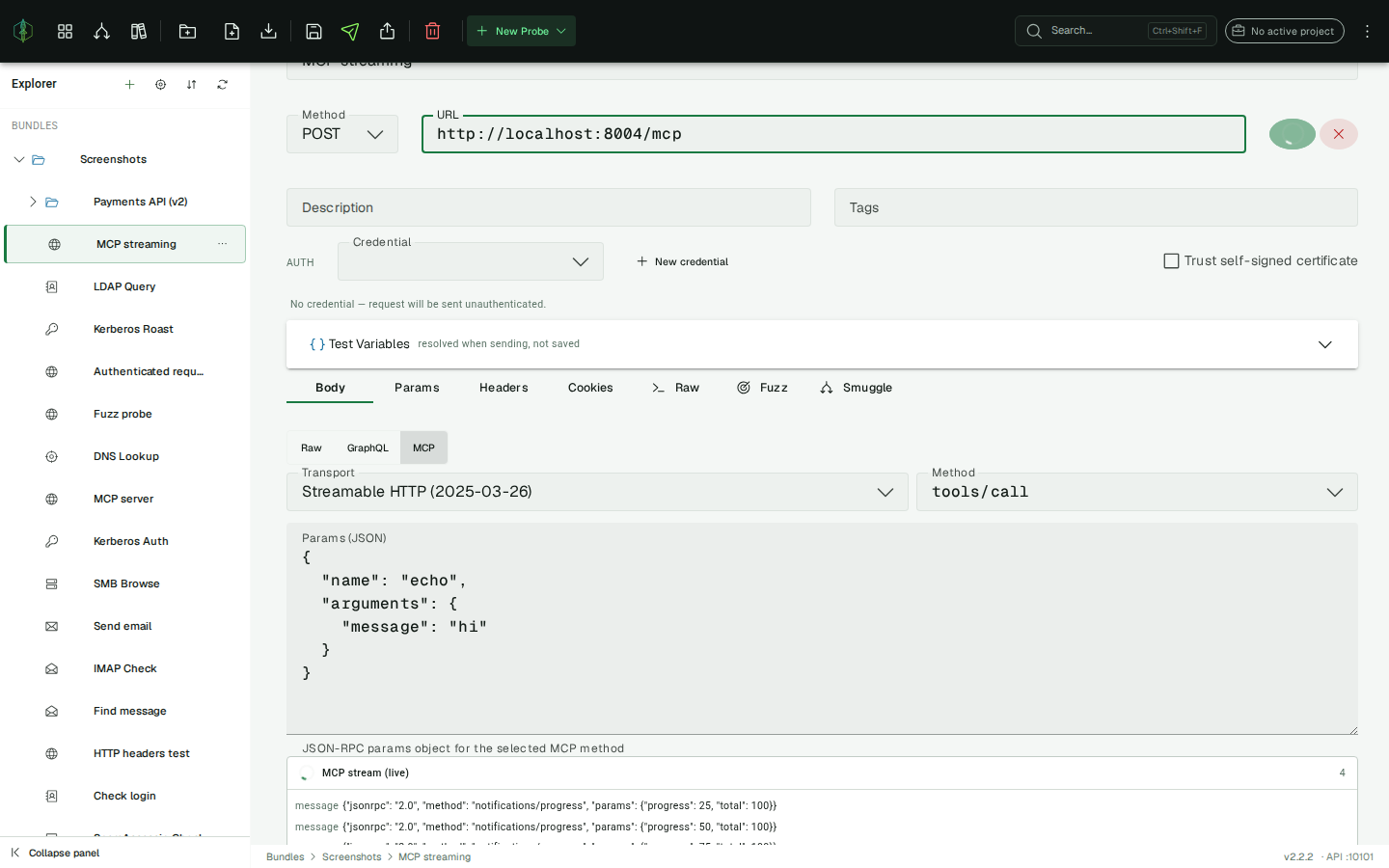 The live MCP stream card filling with progress events during a tools/call