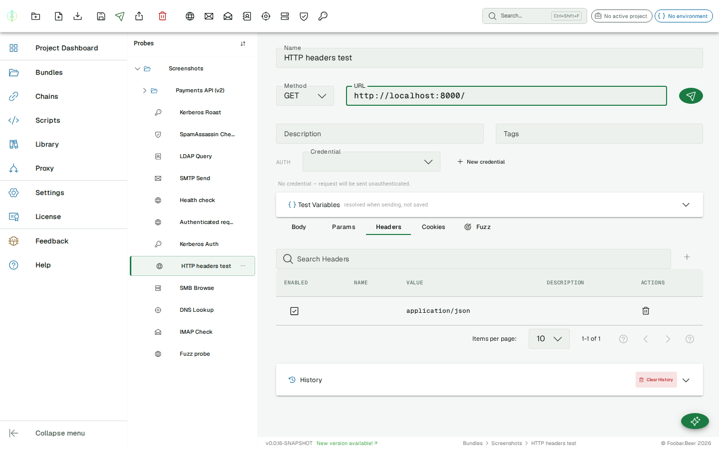 HTTP probe editor — URL bar, method, tabs, Send button