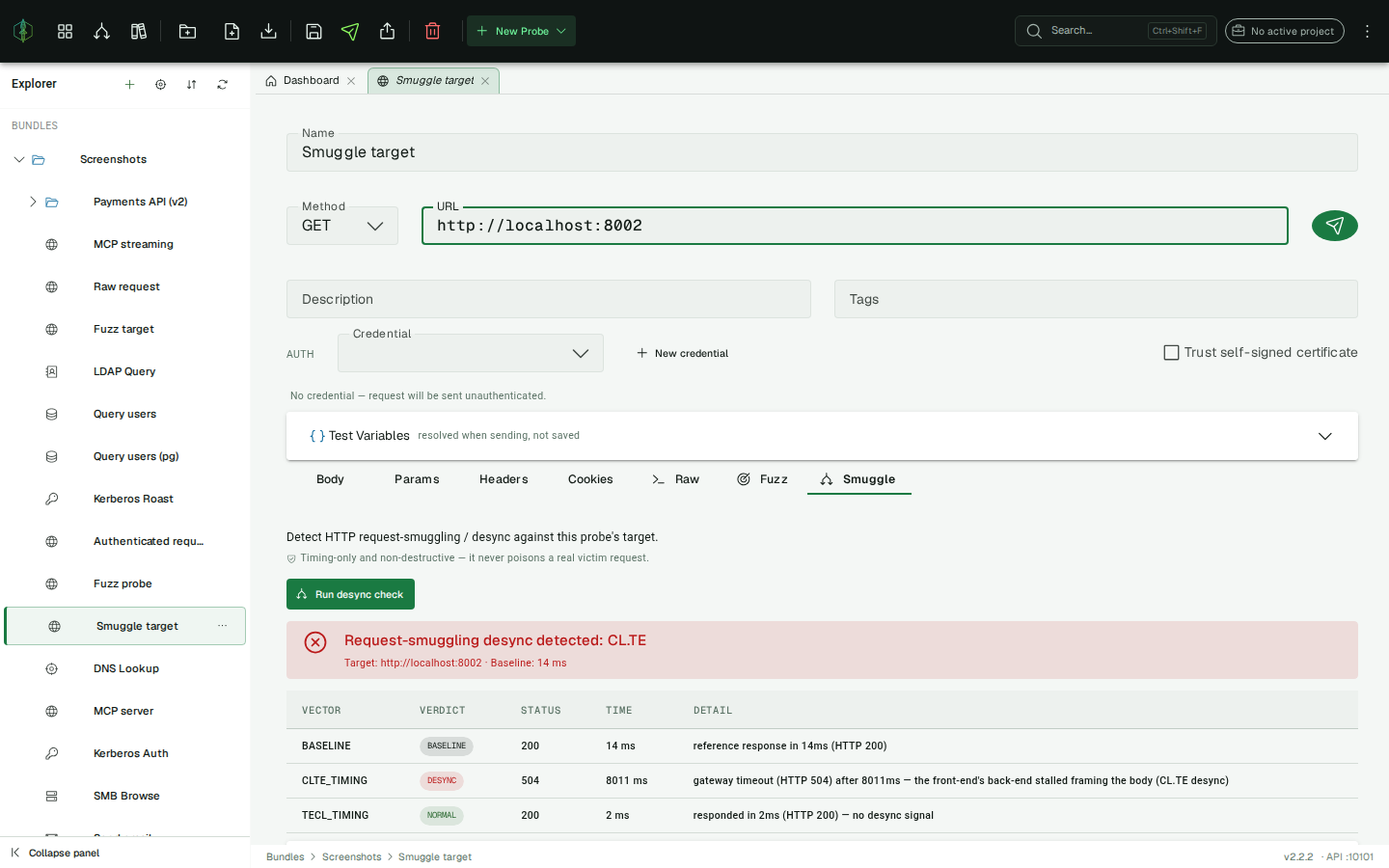 Smuggle tab — Run desync check button, verdict banner and per-vector table