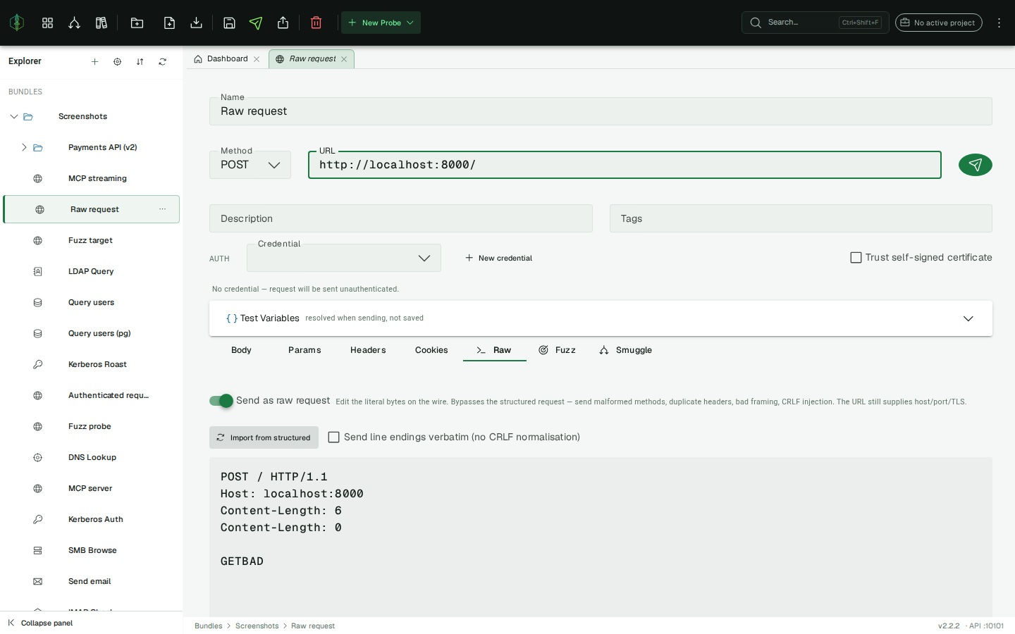 Raw tab — the wire-level request editor