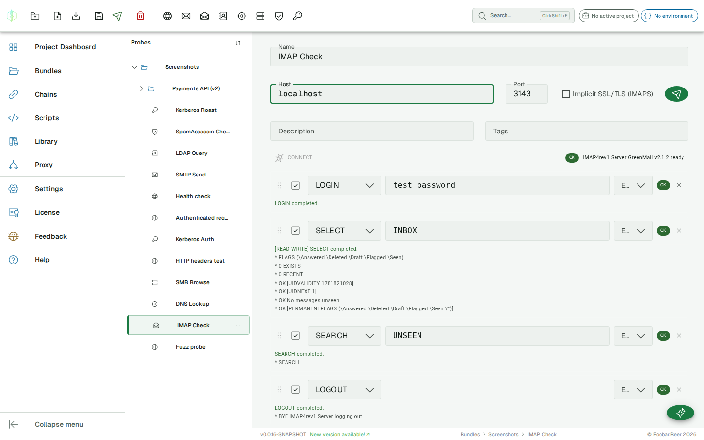 IMAP probe editor — host/port/SSL settings, command list