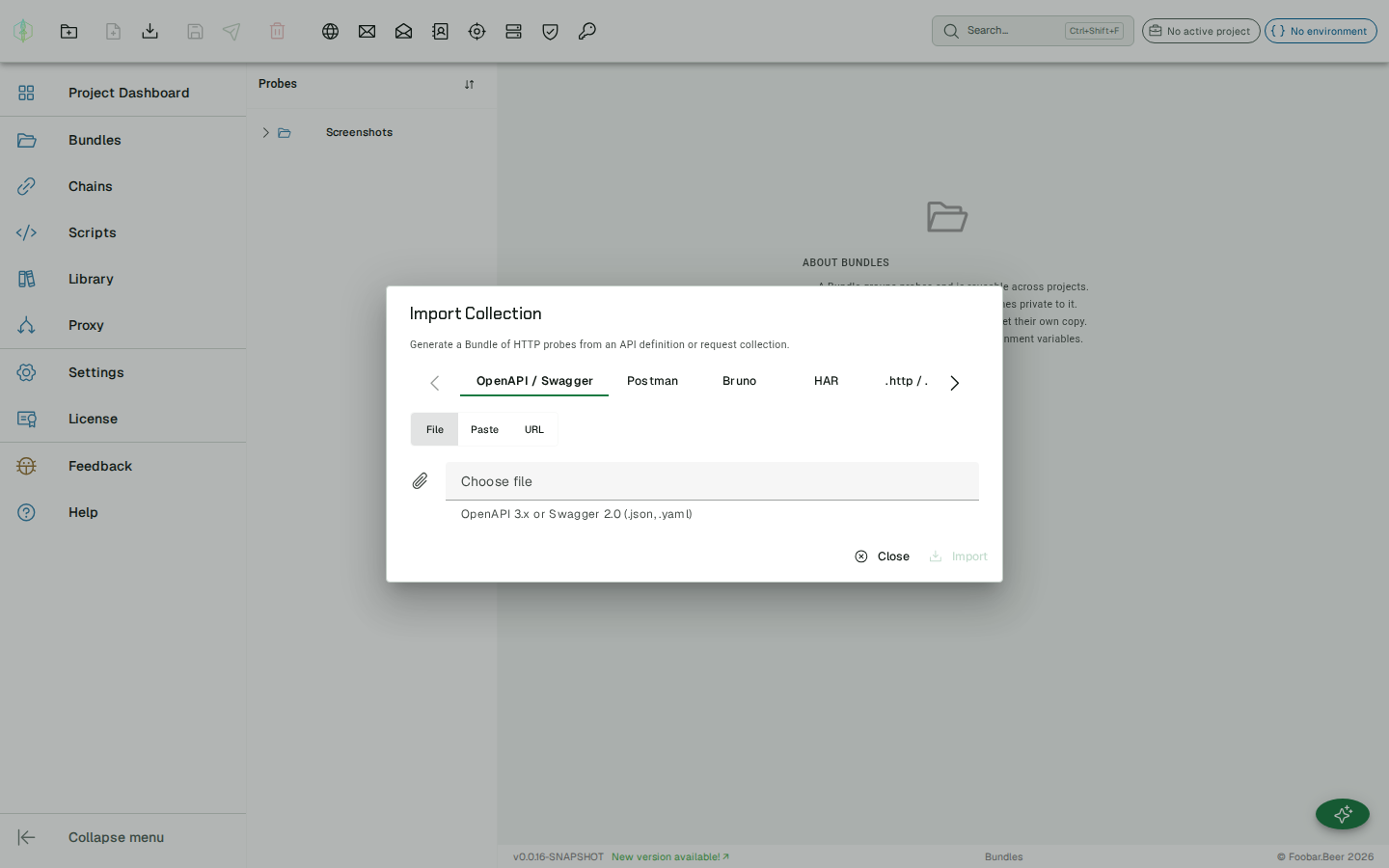 Import Collection dialog — format tabs for OpenAPI, Postman, Bruno, HAR, .http and Insomnia