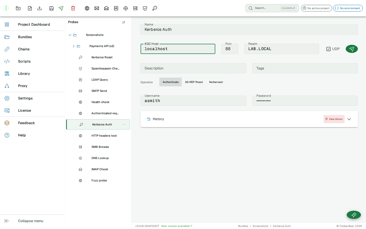 Kerberos probe editor — connection settings and operation selector