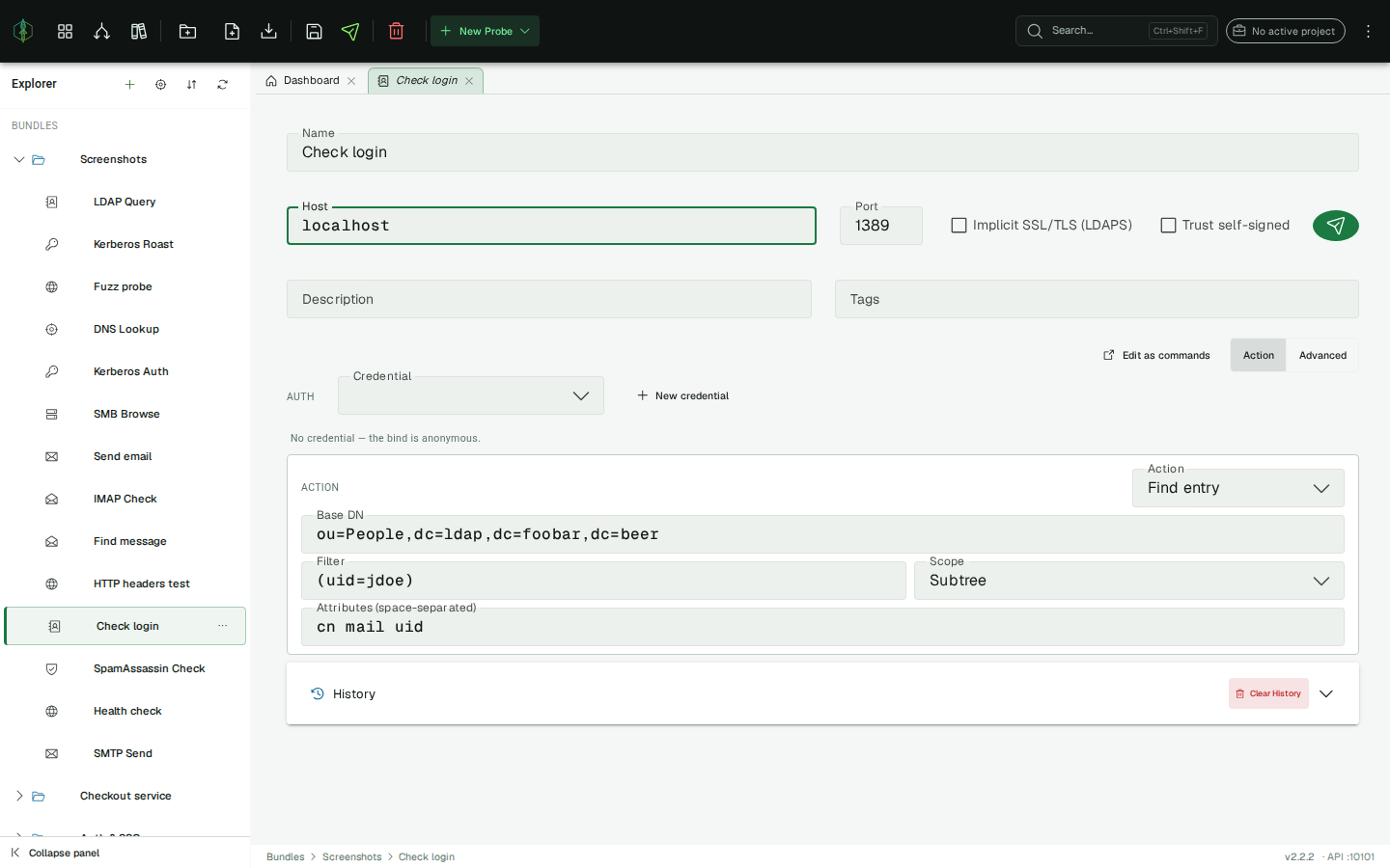 LDAP Action Mode — Check login / Find entry action selector and form