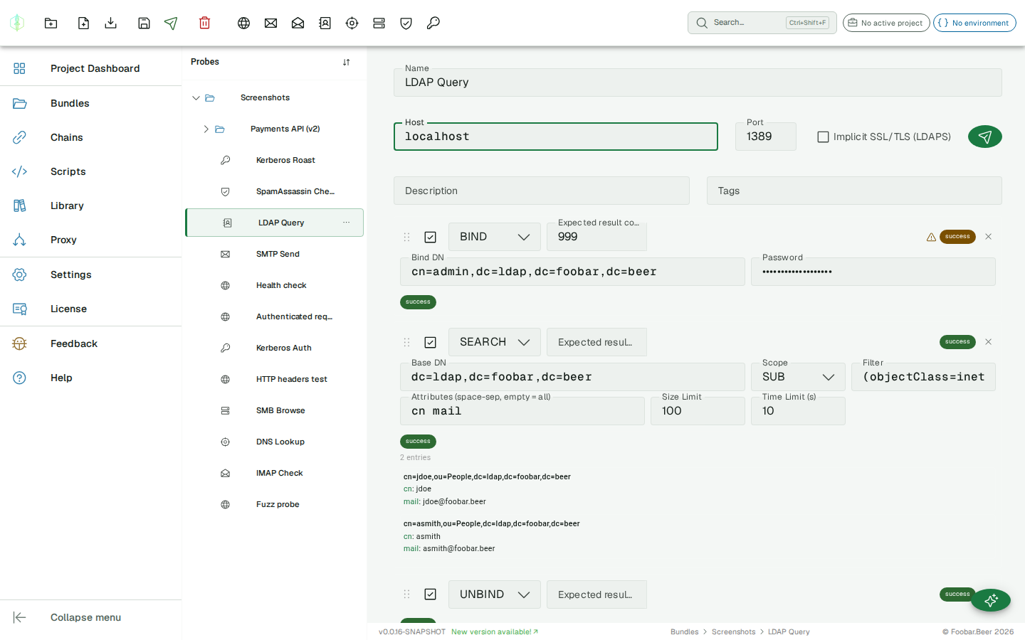 LDAP operation with failed assertion — warning chip on the operation row