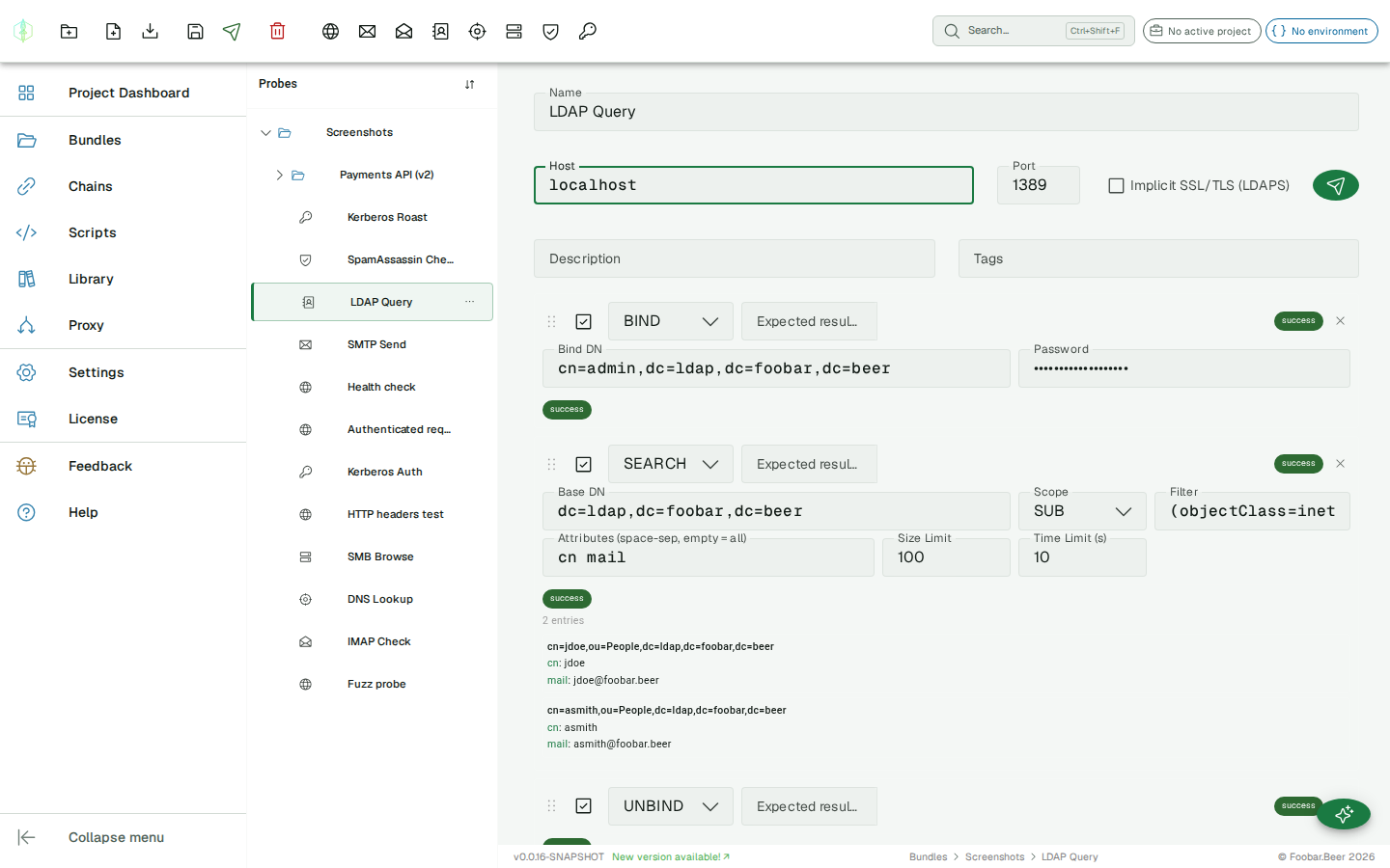 SEARCH operation form — base DN, scope, filter, attributes, size/time limits
