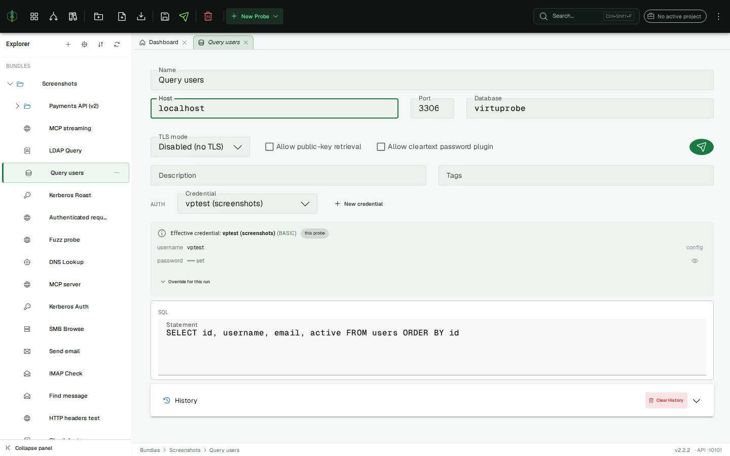 MySQL probe editor — connection settings, credential picker, and the SQL statement