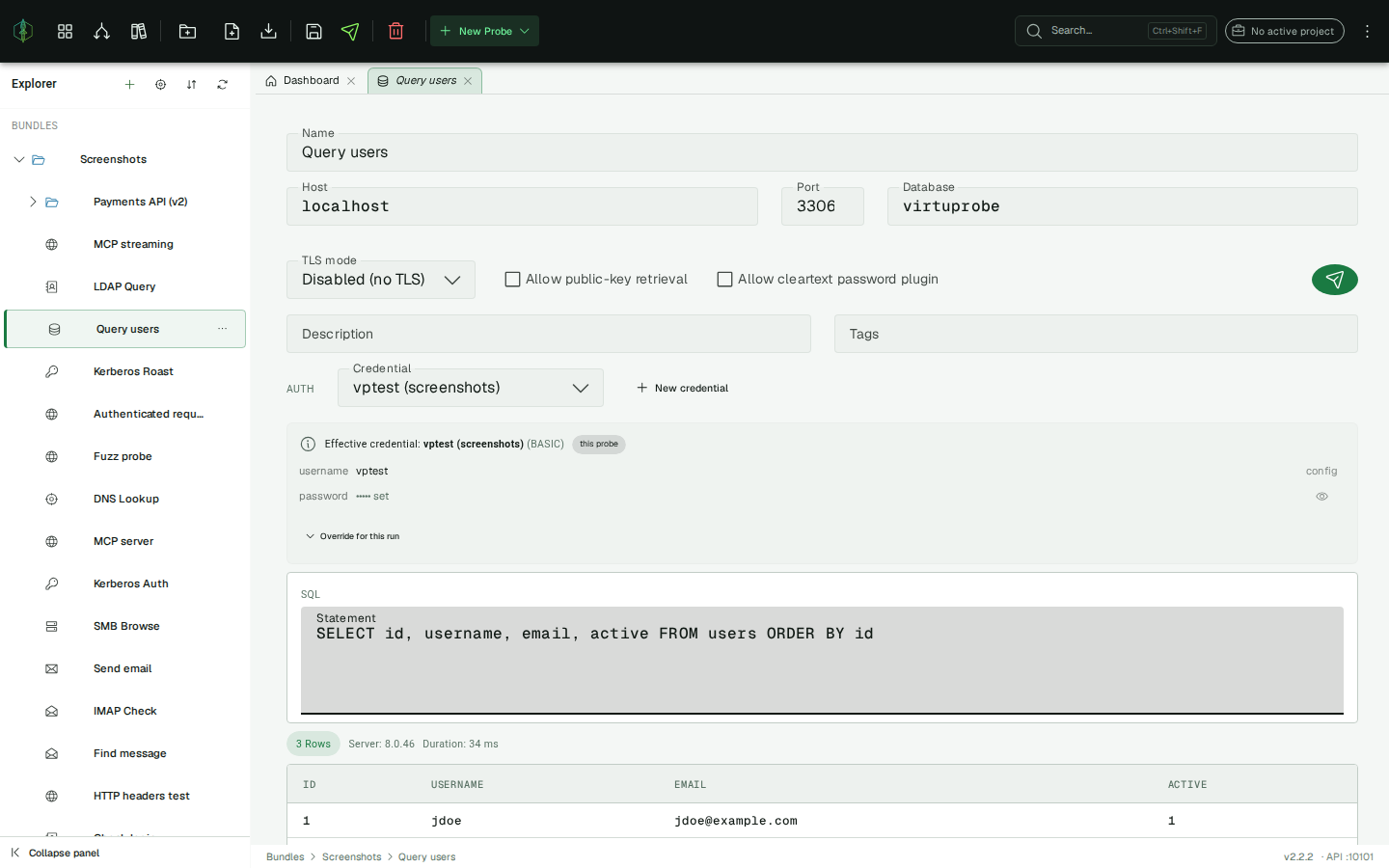 MySQL result-set response — status bar and result table
