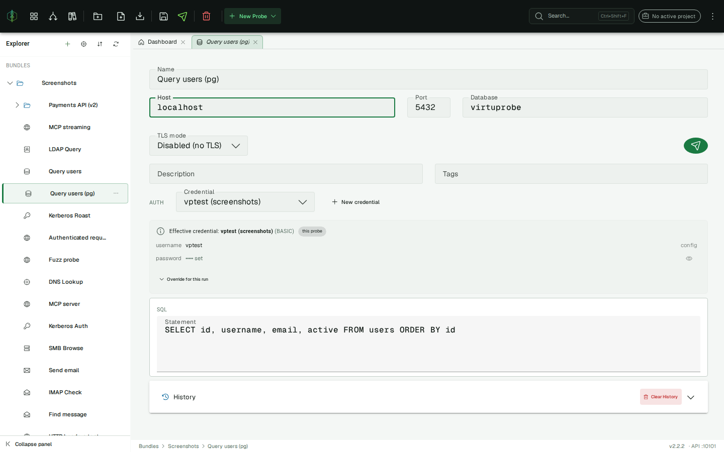 PostgreSQL probe editor — connection settings, credential picker, and the SQL statement