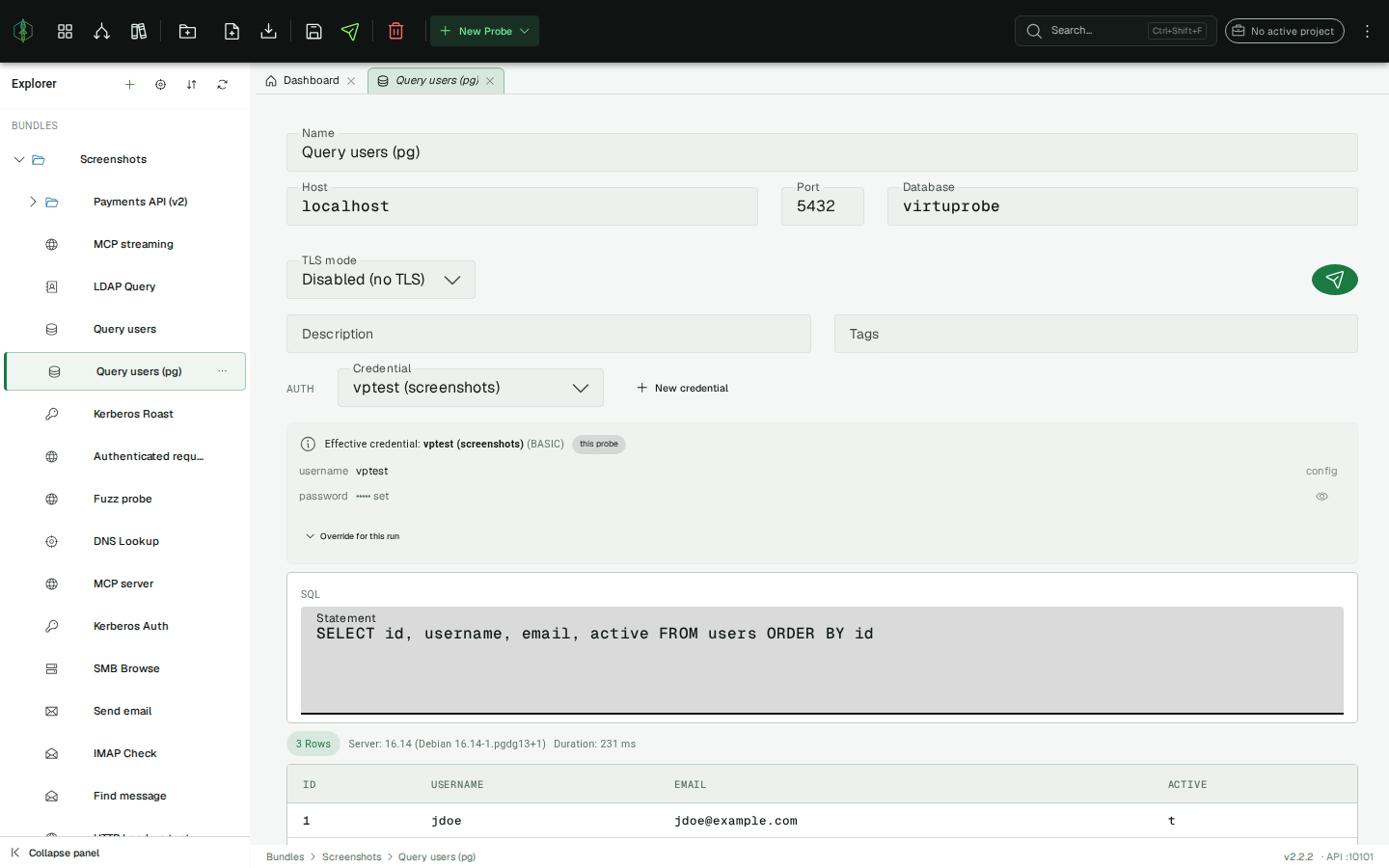 PostgreSQL result-set response — status bar and result table