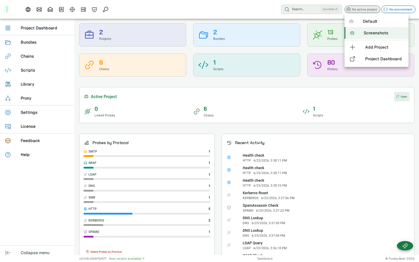 Project picker menu — project list with Add Project and Project Dashboard actions