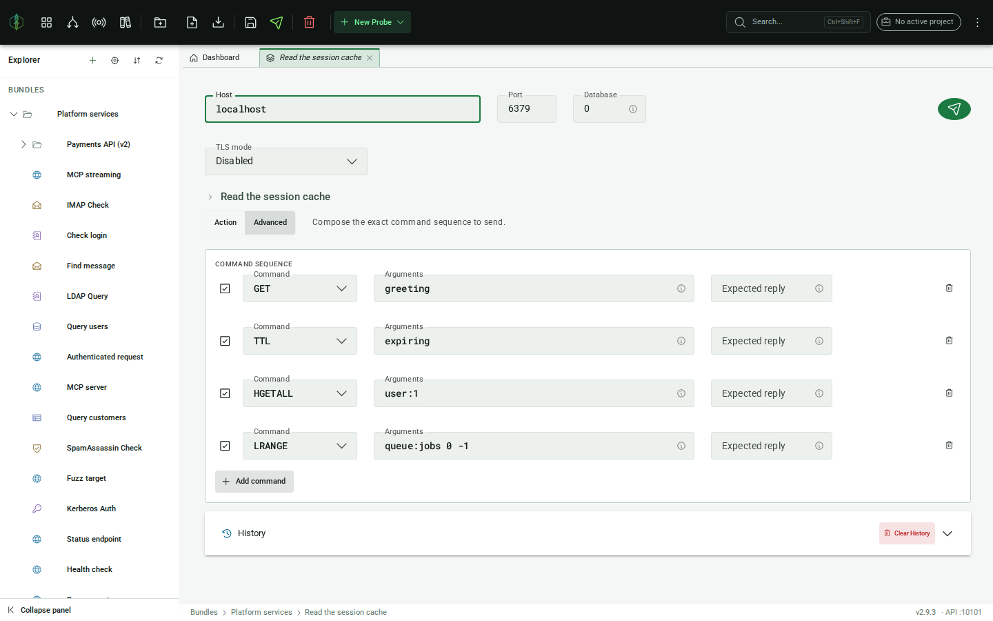 The Redis probe editor: connection row, Advanced mode, and the command sequence