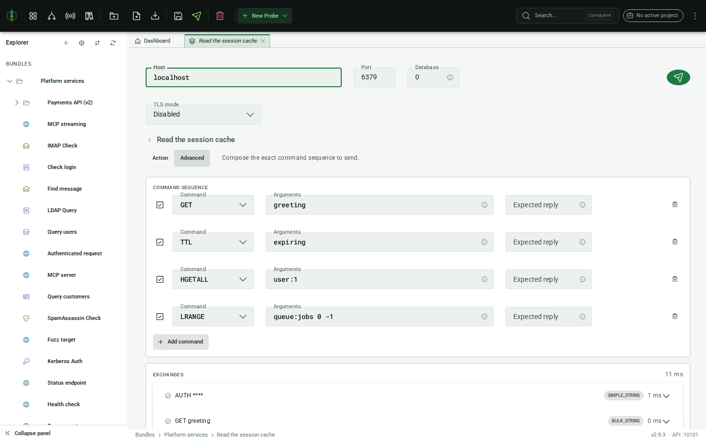 The exchanges list after a send: AUTH, GET, TTL, HGETALL and LRANGE with their reply types