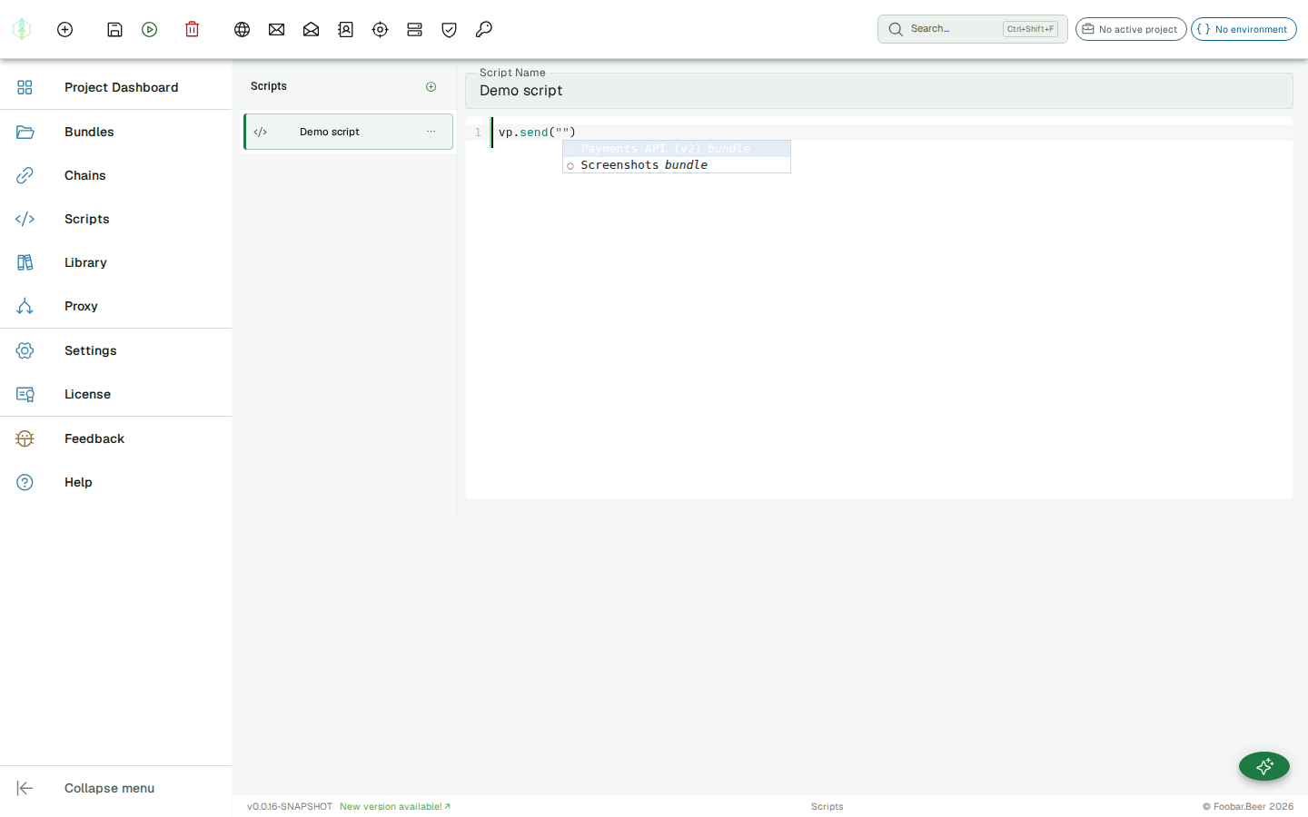 Script editor autocomplete — bundle and probe name suggestions inside vp.send