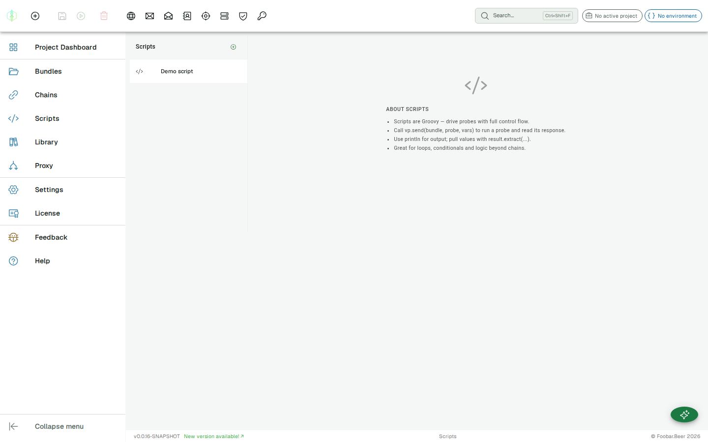 Scripts view — sidebar with script list, editor and output panel