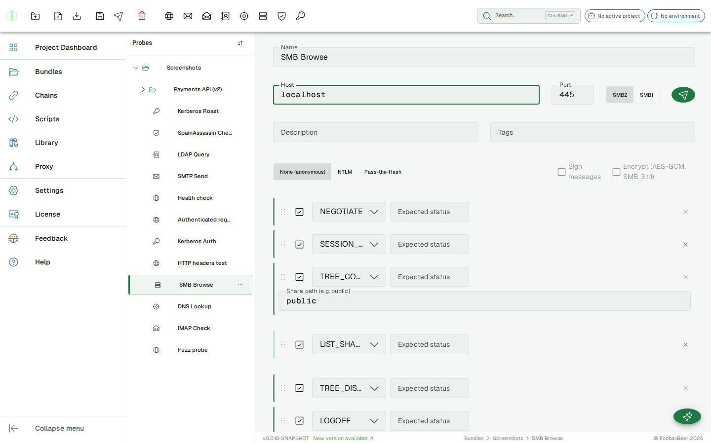 SMB probe editor — auth section with NTLM/PTH toggle, command list