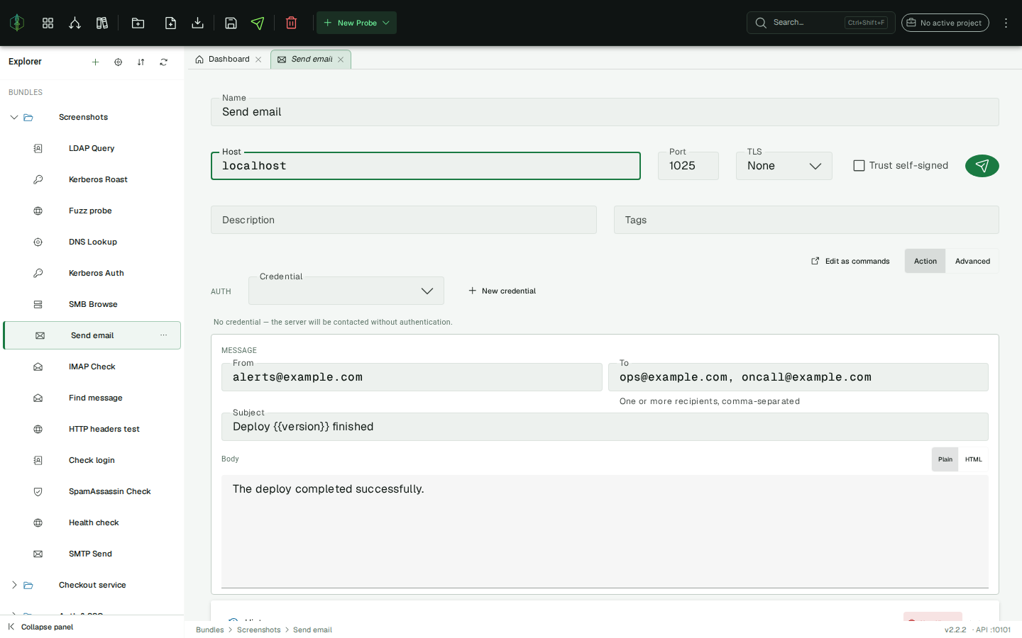 SMTP Action Mode — Send email form with From/To/Subject/Body