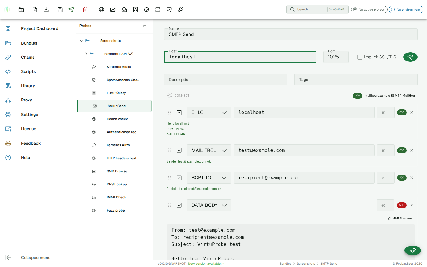 SMTP command list with several commands configured and response codes