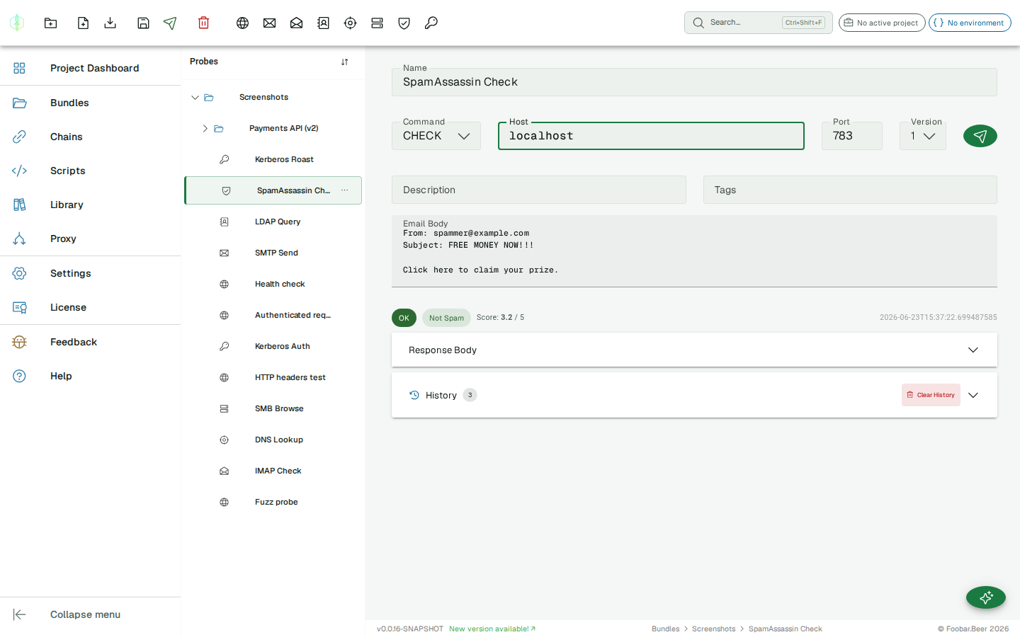 SpamAssassin response — spam score, threshold, verdict, and rule breakdown