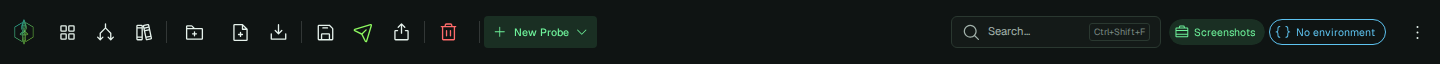 The top bar — logo, view launchers, per-tab actions, New Probe, search, project and environment chips, and the overflow menu