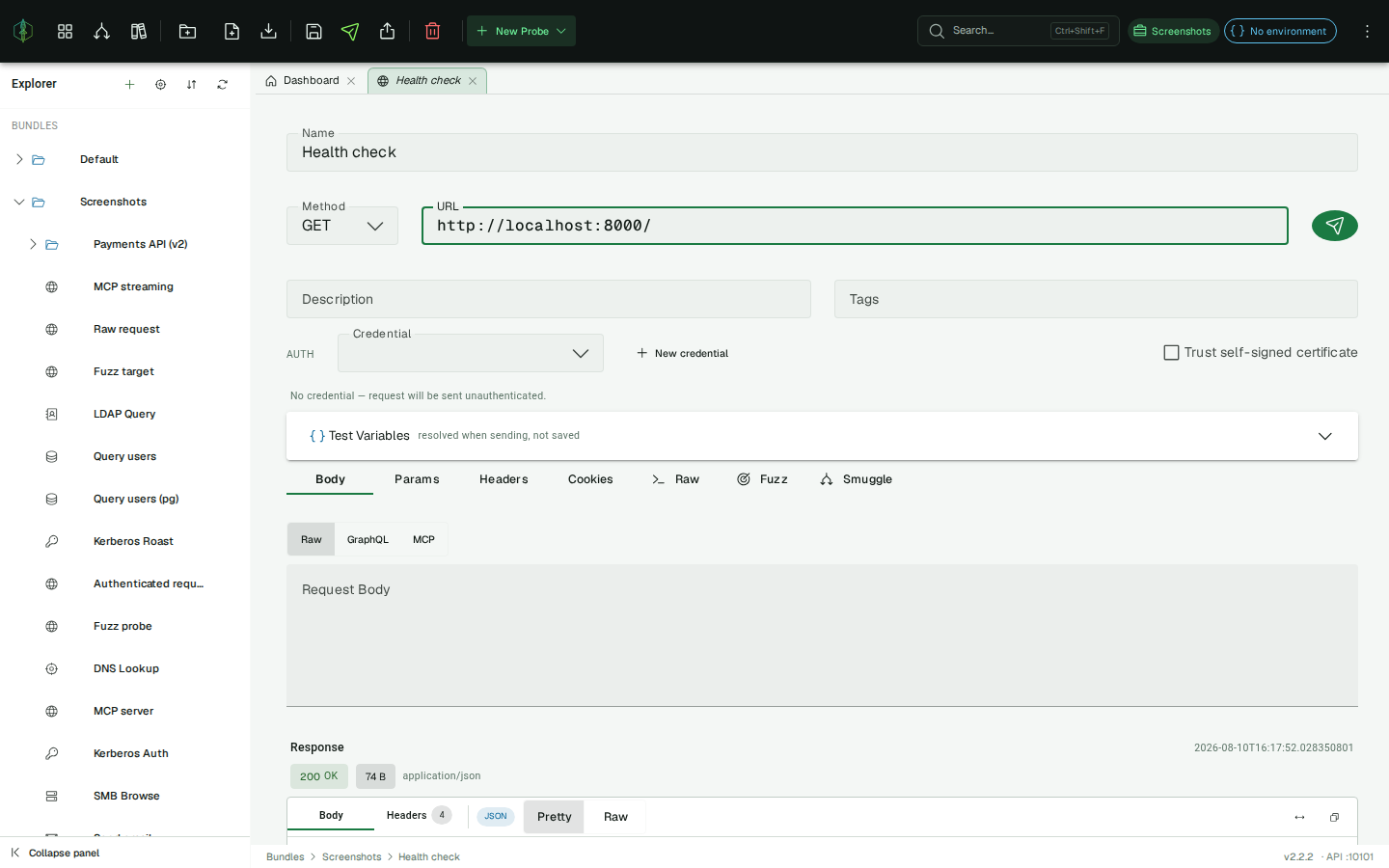 The VirtuProbe workspace — Project Explorer on the left, editor tabs, an HTTP probe open, and the top bar